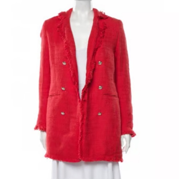 Rachel Zoe Tweed Blazer Fringe Double Breasted Cherry Red - Picture 1 of 11